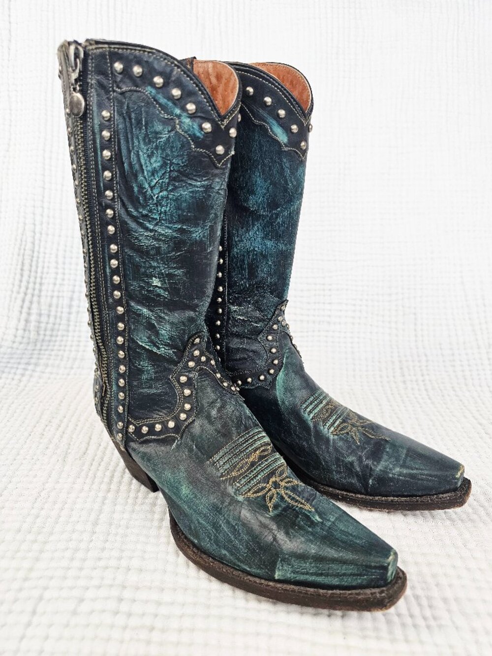 Dan Post Cowboy Boot | Distressed Teal | Silver Studs & Zipper | Women's 8